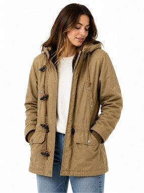 Obey Hooded Parka Jacket Small Tan Utility Coat Removable Liner Toggle
